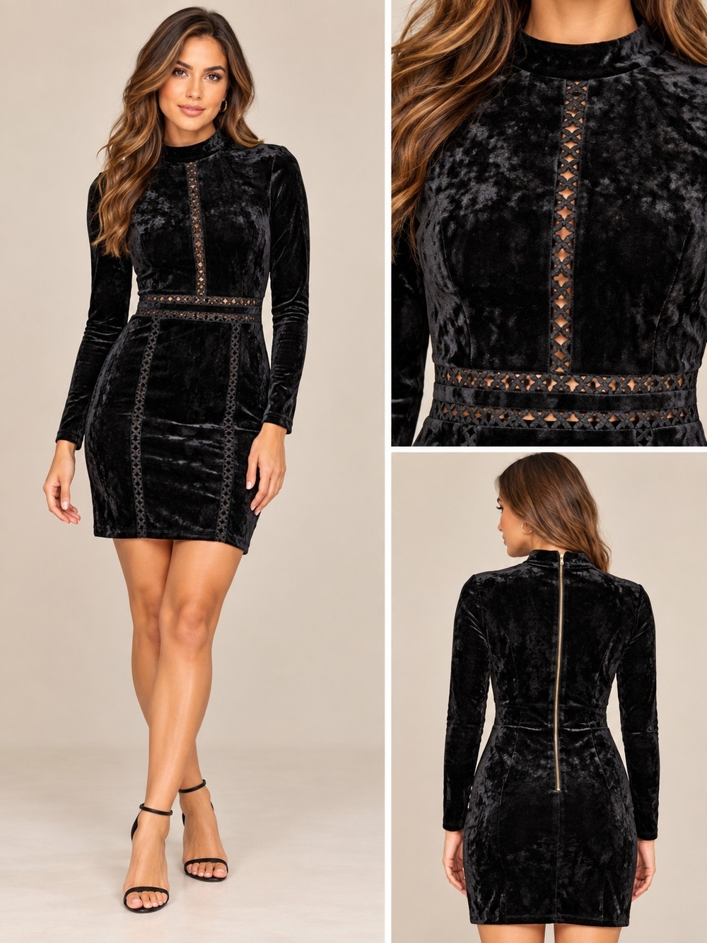 Black Velvet Lace-Inset Long Sleeve Bodycon Dress